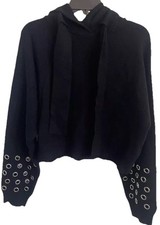 Zara Cropped Hoodie Knit Pullover Black Sweater Size Large Wd Grommets