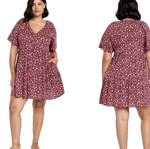 NWT 3X Old Navy Mini Babydoll Swing Dress Burgundy Paisley Allover Print V Neck
