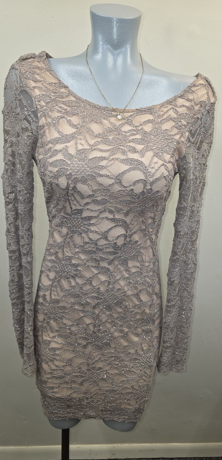 Emerald Sundae Taupe Floral Lace Sheath Dress  Long Sleeve Knee Length S