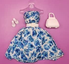 1960s Barbie Clone Fashion - BLUE FLORAL BELLE DAY DRESS & ACCESSORIES