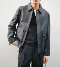 Black Spread Collar Racer Motorcycle Biker Real Leather Jacket For Men