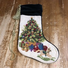 Needlepoint Christmas Stocking Christmas Tree Rocking Horse Doll Bear Vtg Wool