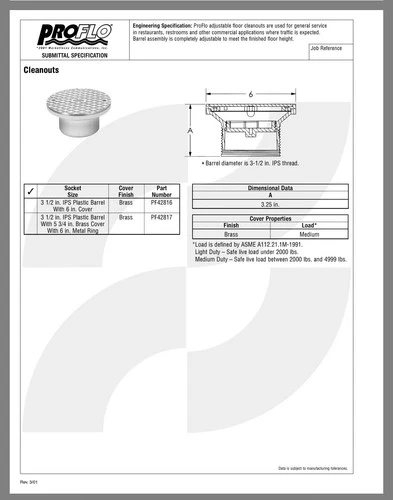 Proflo 3.5” IPS Drain Barrel With 6" Brass Grate PF42846 - Picture 3 of 4