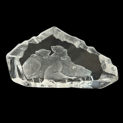 MATS JONASSON Limited Ed Crystal Art Glass POLAR BEAR + 2 CUBS Signed 5x9.5 
