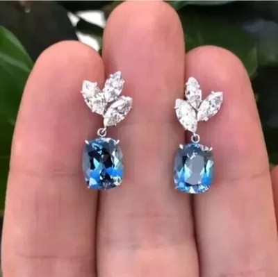 Cushion Cut Simulated Blue Topaz Drop/Dangle Earrings In 14k White Gold Plated