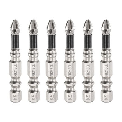 6pcs Anti Slip Phillips Impact Screwdriver Bit PH2 1/4'' Hex Shank 2'' Magnetic