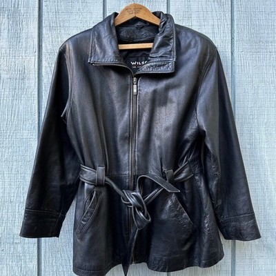 Wilsons Leather Experts Black Leather Belted Trench Coat Jacket Women's Medium