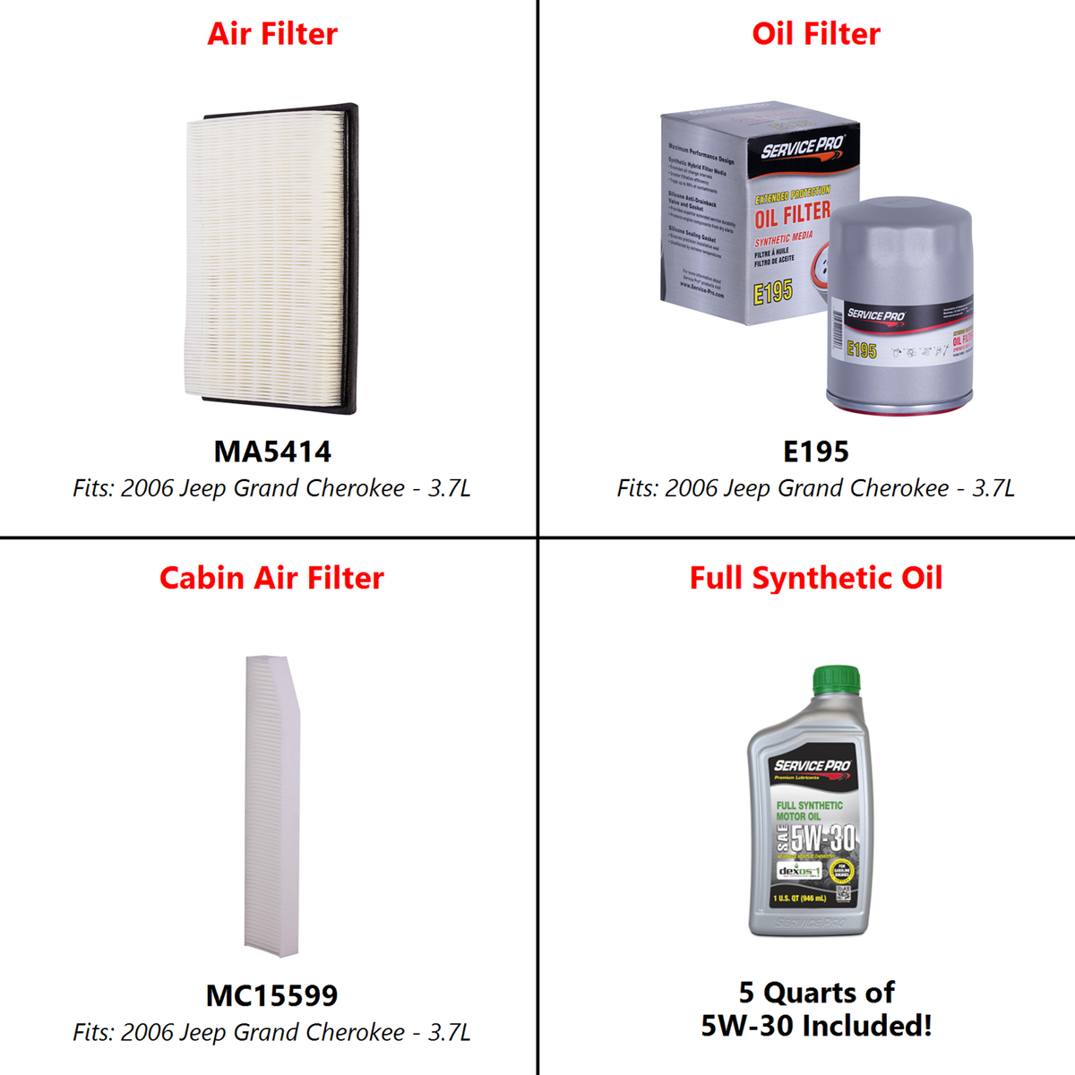 2006 Jeep Grand Cherokee 3.7L Complete Cabin, Air & Oil Filter Kit