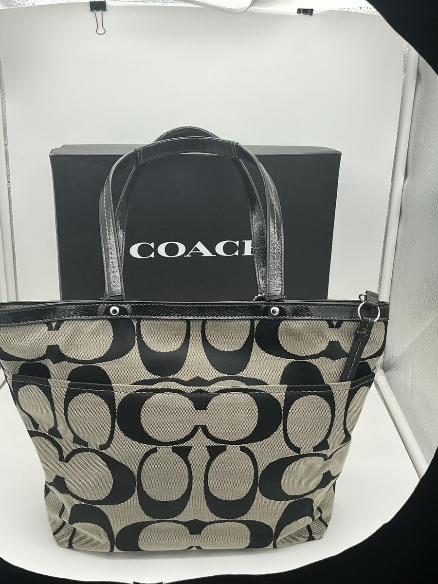 バッグ COACH Signature Tote Bag Canvas Leather Classic Coach Signature Tote Bag Black Beige Canvas Leather Zip