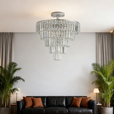 Modern Chrome 20'' Crystal Chandelier Ceiling Light Flush Mount Pendant Fixture