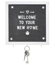 Grey Felt Letter Board with Key Hooks - 10" x 10" White Frame - Use White Wood S
