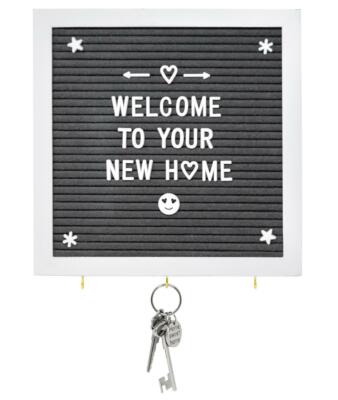 Grey Felt Letter Board with Key Hooks - 10'' x 10'' White Frame - Use White Wood S