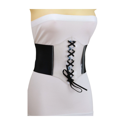 Women Black Wide High Waist Corset Fashionable Belt Clear Front Detail Size S M - Picture 17 of 24