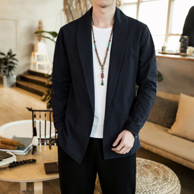 Men Cotton Linen Shirt Open Front Jacket Stand Collar Coat Casual