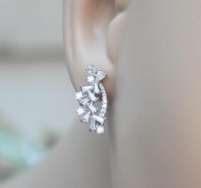 Natural 1.08ct Diamond Cascade Earrings Baguette Pear 18k White Gold