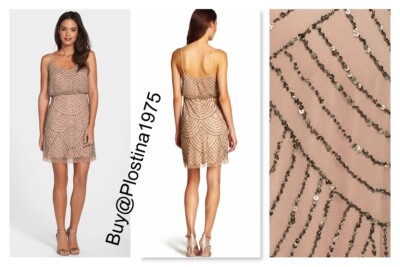 Adrianna Papell Sequin Mesh Blouson Dress Taupe Pink Size 8 #D60 | eBay