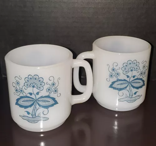 Two Vintage Glasbake Milk Glass blue onion coffee cups
