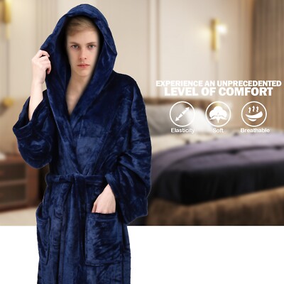 Mens Soft Hooded Bathrobe Long Plush Fleece Bath Robe Warm Gift w/ Hood &Pockets