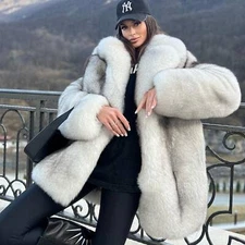 Women Mid-Length Full Pelt Real Fox Fur Coat Notched Collared Natural Fur Jacket