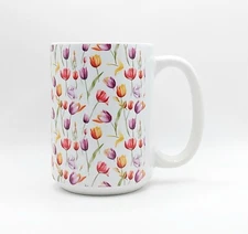 Garden of Tulips Coffee Tea Mug Cup 15 Oz Ceramic, Spring Floral Jug by Mugzan