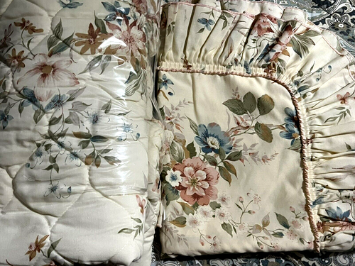 VTG JC Penney Quilted Coverlet & Pillow Sham Floral Coral Blue Cottage Romantic - Picture 9 of 14