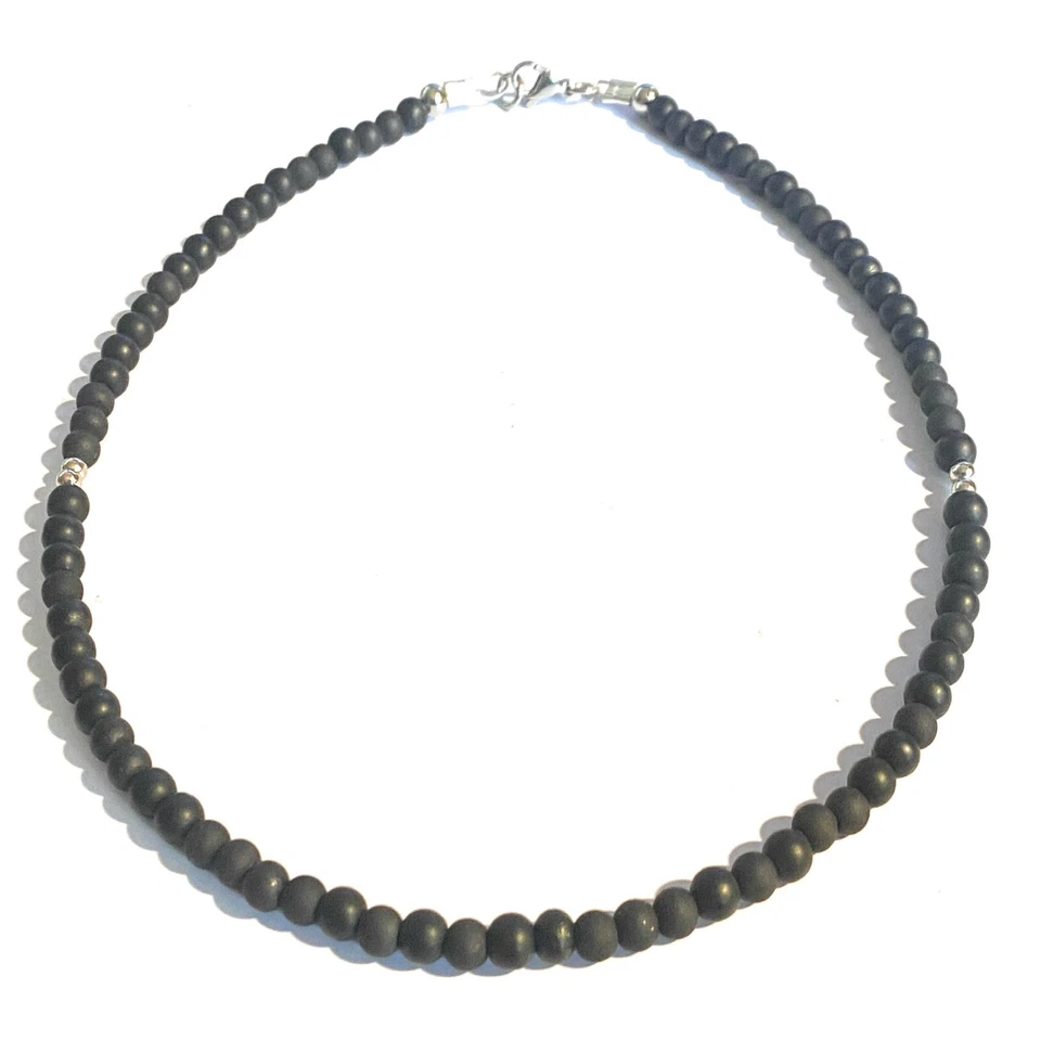 Collana pietre dure onice nero da uomo in acciaio inox lunga 50 cm con perle di - Immagine 3 di 4