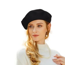 Women French Wool Beret Hats Reversible Solid Color Classic Beanie Winter