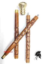 Vintage Fancy Hand Carved Walking Stick Wooden Cane Victorian Brass Handle