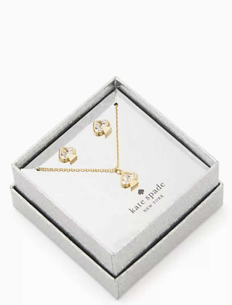 NIB Kate Spade Everyday Spade Stone Studs & Mini Pendant Boxed Set Gold $109