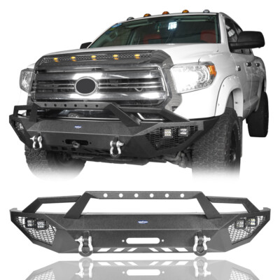 Black Steel Front Bumper Bar w/Winch Plate, Lights for Toyota Tundra 2014-2021
