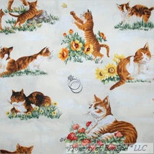 BonEful Fabric FQ Cotton Cream L Kitty Cat Natural Flower Butterfly Grass Garden