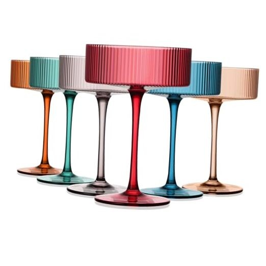 Vintage Art Deco 9Oz Ribbed Crystal Coupe Glasses in Multicolor