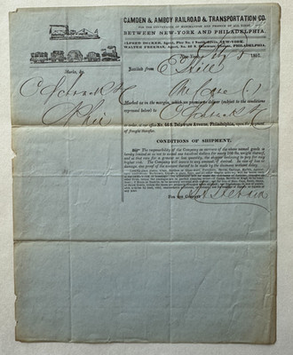1857 Camden & Amboy Railroad Transportation Freight Bill New York - Philadelphia