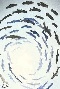 ACEO Original Watercolor Fish Painting, Blue Ocean Art, Signed, Abstract