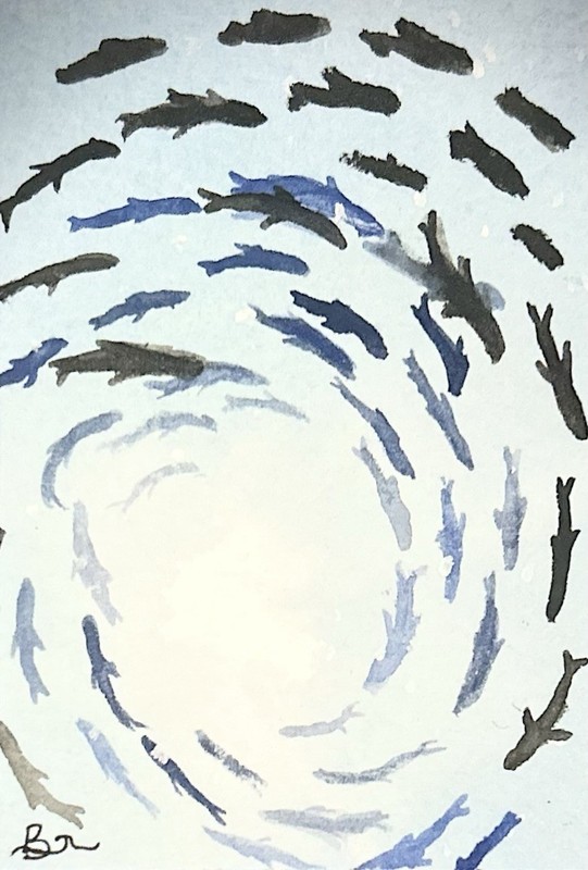 ACEO Original Watercolor Fish Painting, Blue Ocean Art, Signed, Abstract