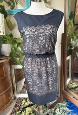 Studio M Black Lace Overlay Midi Dress with Nude Lining, Medium 