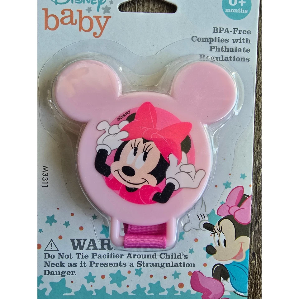 Nuevo en Paquete Disney Bebé Recién Nacido Minnie Mouse Chupete Binky Clip Soporte Rosa 0+ Meses Foto 2 de 3