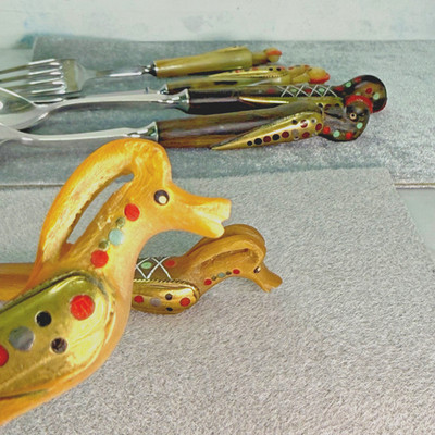 Set of 6. Vintage Said & Alfred Haddad carved horn serving pieces. Made Lebanon