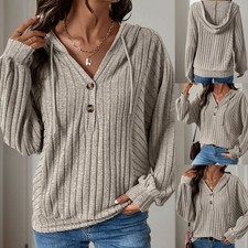 Suéter con capucha a rayas sueltas con cuello en V para mujer diseño de tela de punto suave