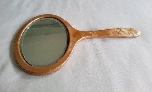 Vintage Celluloid Hand Held Mirror Pretty Apricot Peachy Marbleized Colour 30 cm - Picture 4 of 7