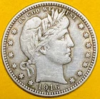1916 U.S. BARBER SILVER QUARTER 25c COIN (XF-Extra Fine), Last Mintage Year!