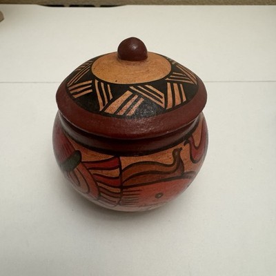 Vintage Clay Art Pottery 3.5  Lid Bowl Pot Hand Made Artisan Trinket Jar