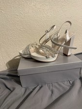 Galina Signature Ivory Satin Strappy Rhinestone Heeled Sandals, Med Heel