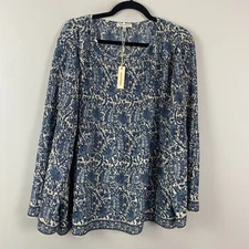 Max Studio Blue Ditsy Floral Flare Sleeve Pleated Boho Feminine Top 1X