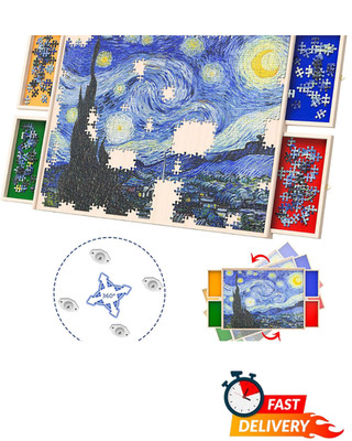 360 Rotating Puzzle Board 1000 Piece Wooden Table Drawers Cover Portable 30x22''