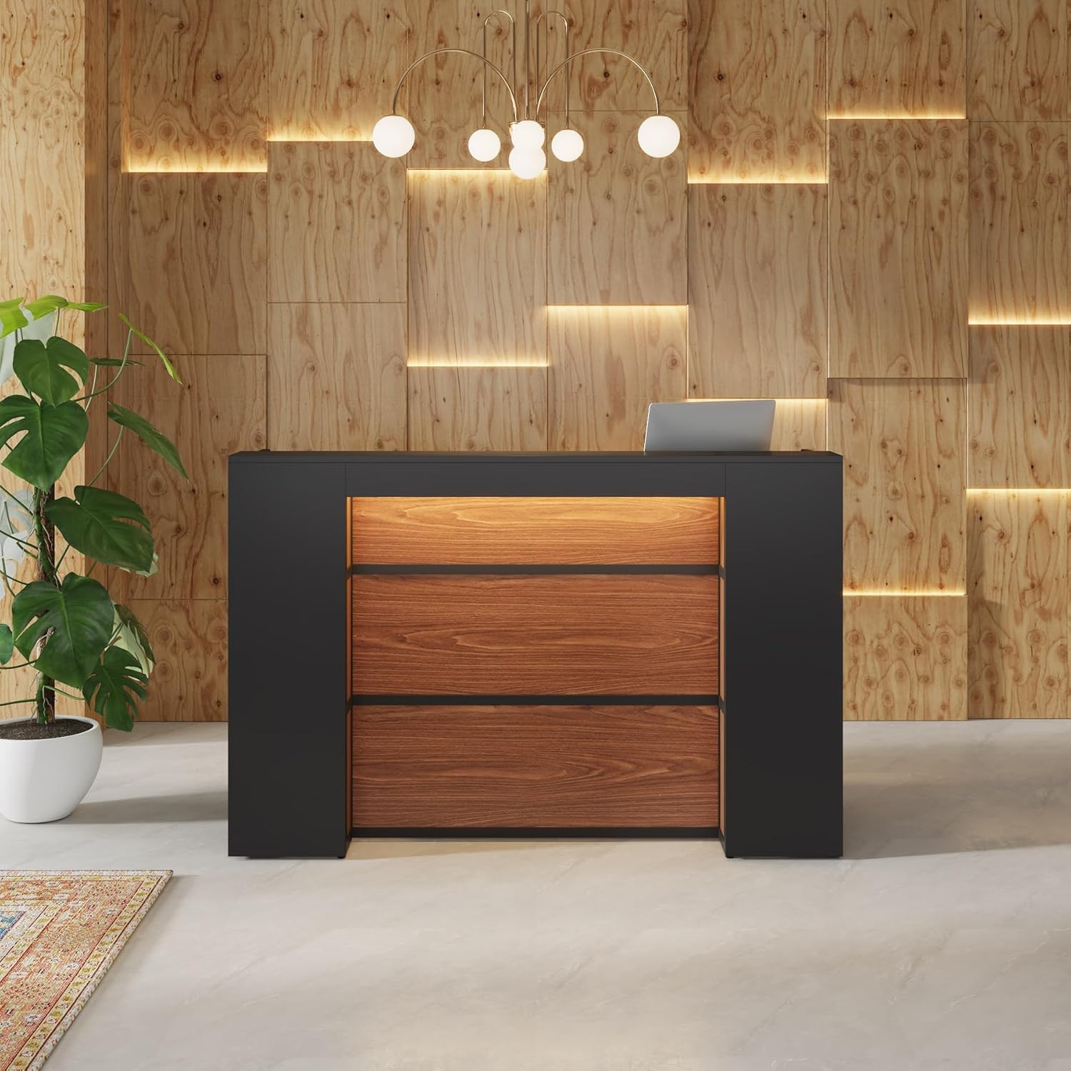 Reception Desk with LED Lights, 63 Inches Front Counter Desk for Office,Checkout