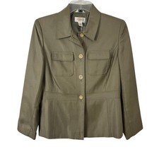 Talbots 100 Silk Olive Green Jacket Size 4P Button Career Casual Safari Blazer