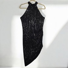 LUCY PARIS Black Sequin Halter Neck Asymmetrical Midi Dress Woman Small Lined
