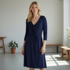 Lauren Ralph Lauren Dress Women Medium Navy Blue Ruffle V-Neck 3/4 Sleeve Belted