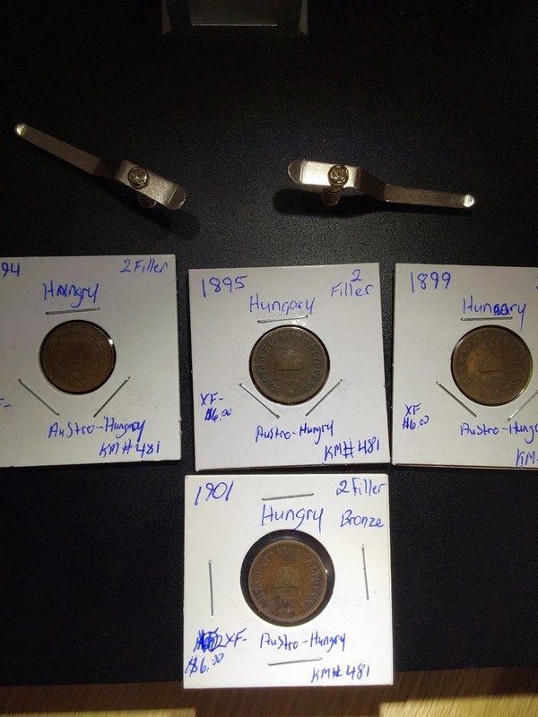 Four Austro- Hungarian 2 filler Bronze coins from 1894-1901